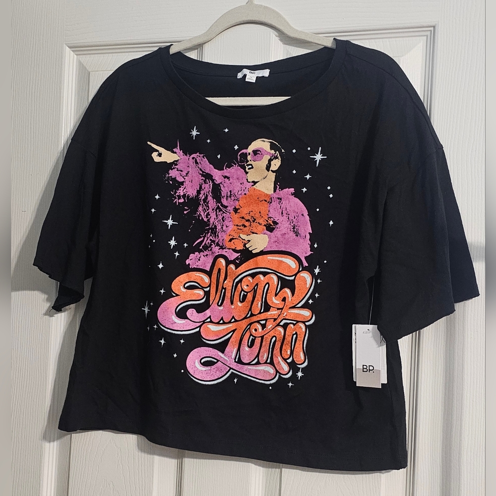 bp Black Graphic Elton John Tee with Pink and Orange Print